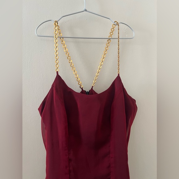 Vintage “JS Collections” Burgundy Red Chiffon Dress w/ Gold Chain Straps Size 8 - Picture 6 of 9
